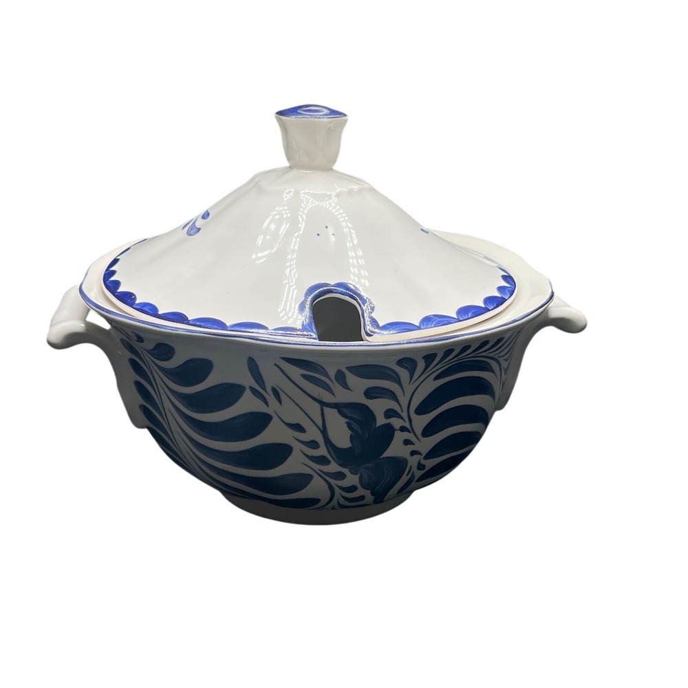 Anfora Blue White Floral Soup Tureen with Lid Serving Dish